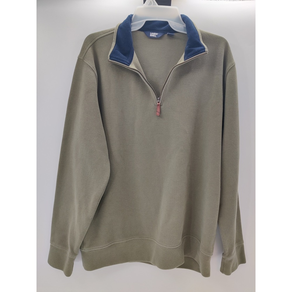 Lands End Mens Quarter Zip Pullover Sweater Olive Green Navy Blue Large 42-44